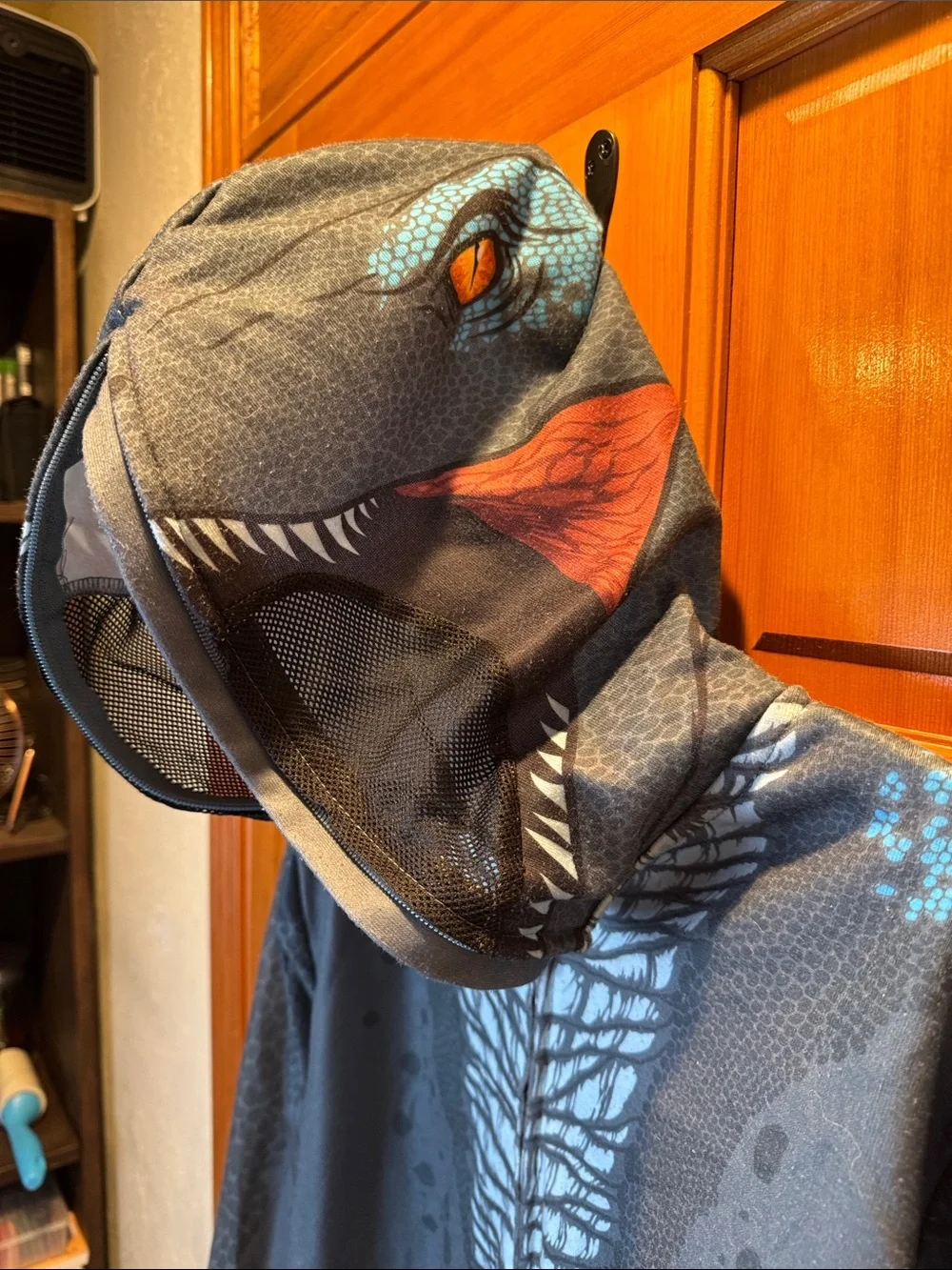 Kids Size XL Black Dino Hooded Costume Jacket with Face-Print Hood